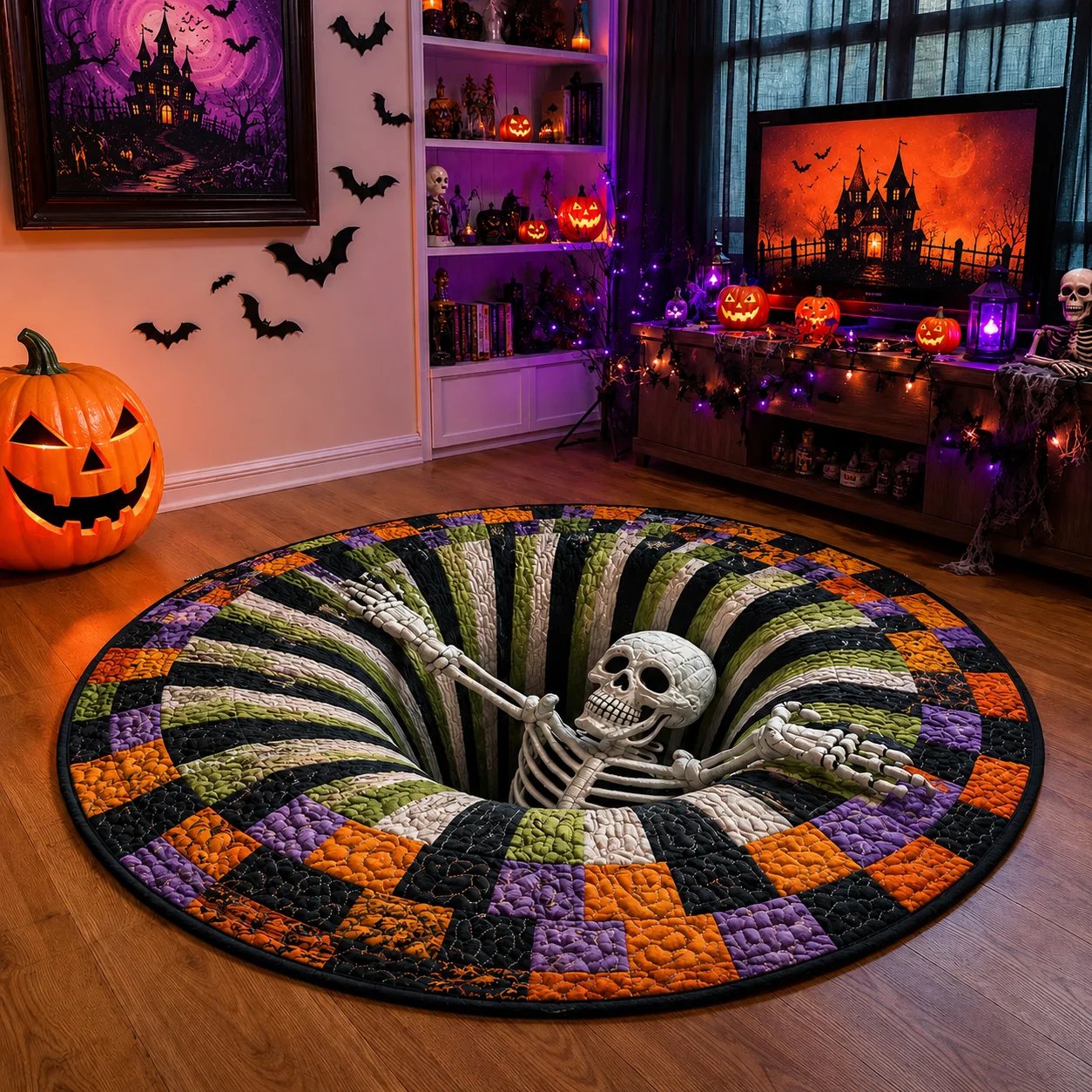 3D skeleton vortex Halloween round rug in a decorated room