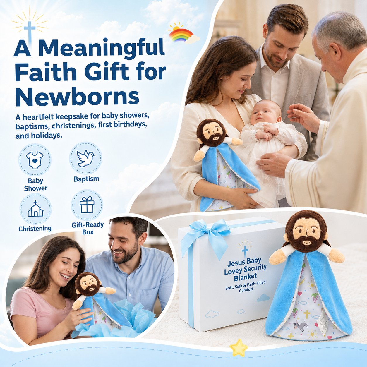 Jesus baby lovey presented as a Christian baby gift