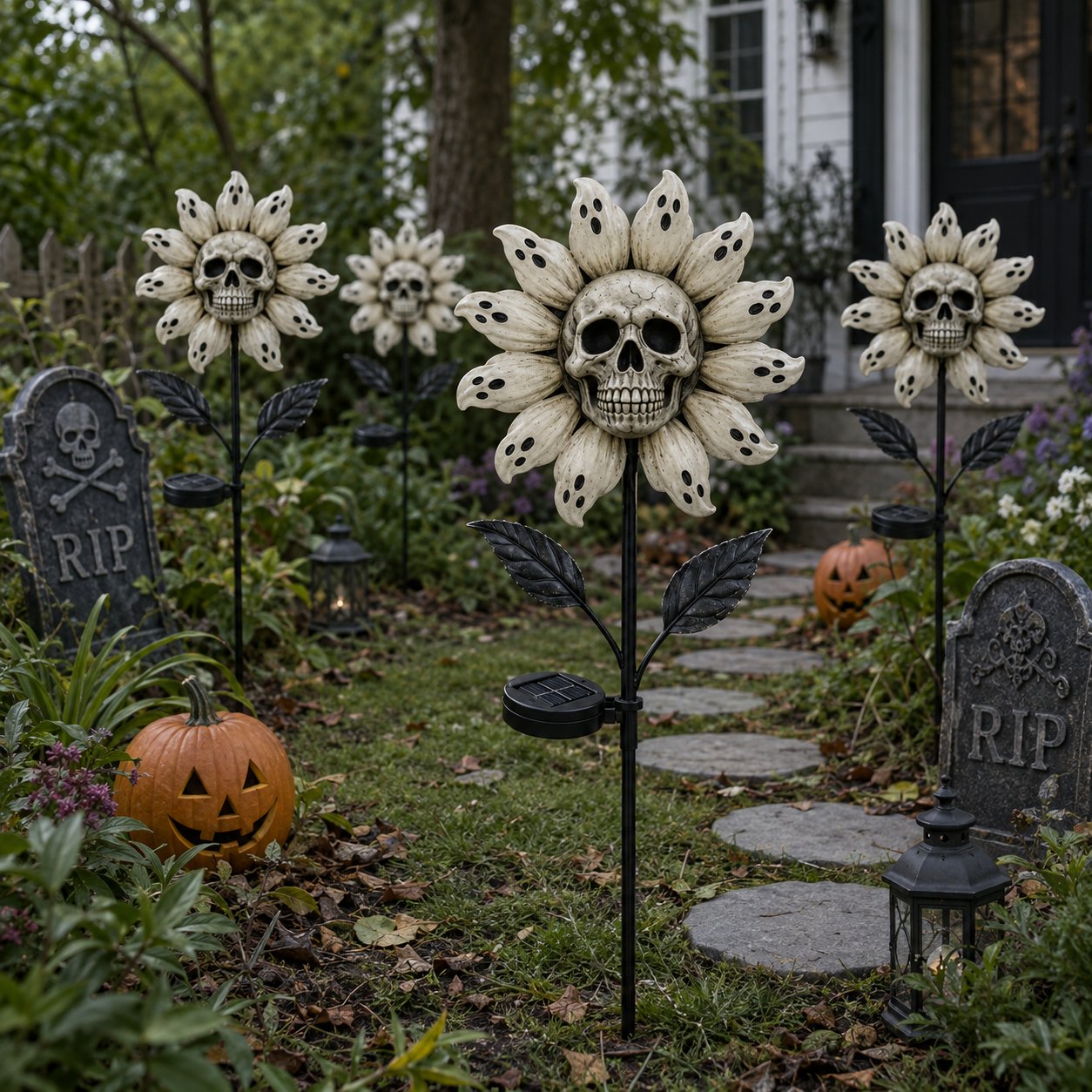 Halloween skull sunflower garden stake during daytime