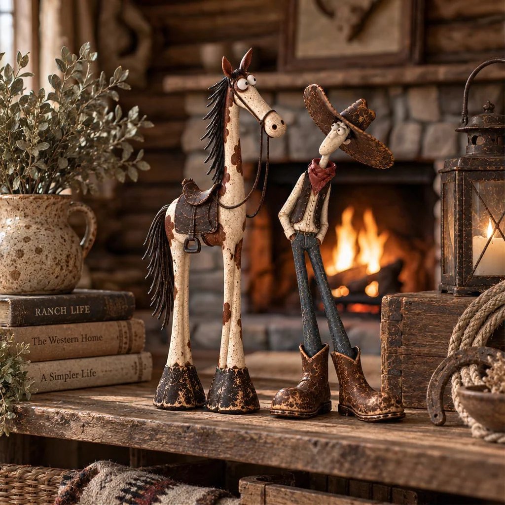 Western cowboy and horse figurines styled on bookshelf