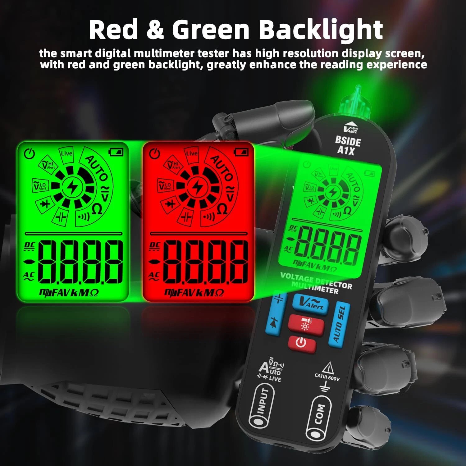 Large red and green backlit display on the smart pen multimeter