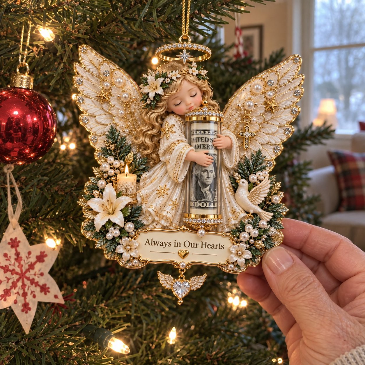 Illustrative Christmas tree scene featuring the Memorial Angel