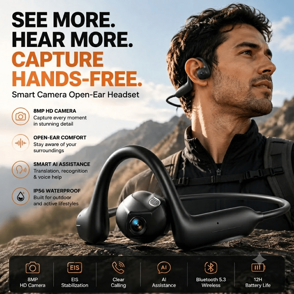 8MP smart camera open-ear headset for hands-free POV video calls and audio