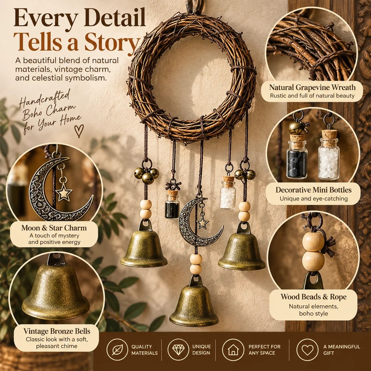 Rustic celestial boho bell details