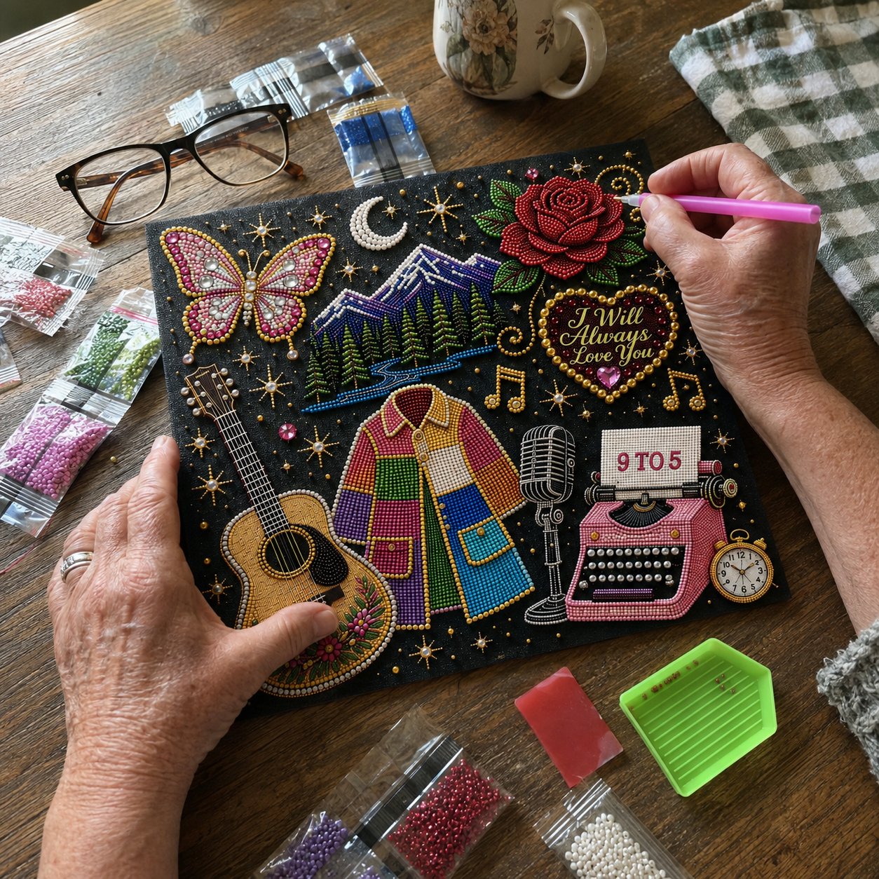 Woman placing beads onto the country music inspired art canvas