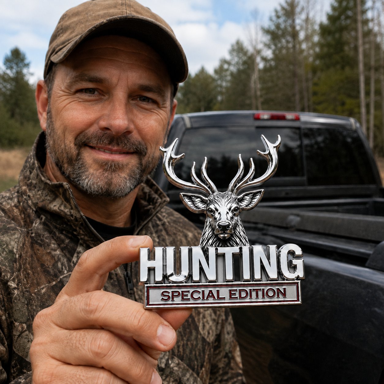 Hunting emblem displayed on different vehicles and surfaces