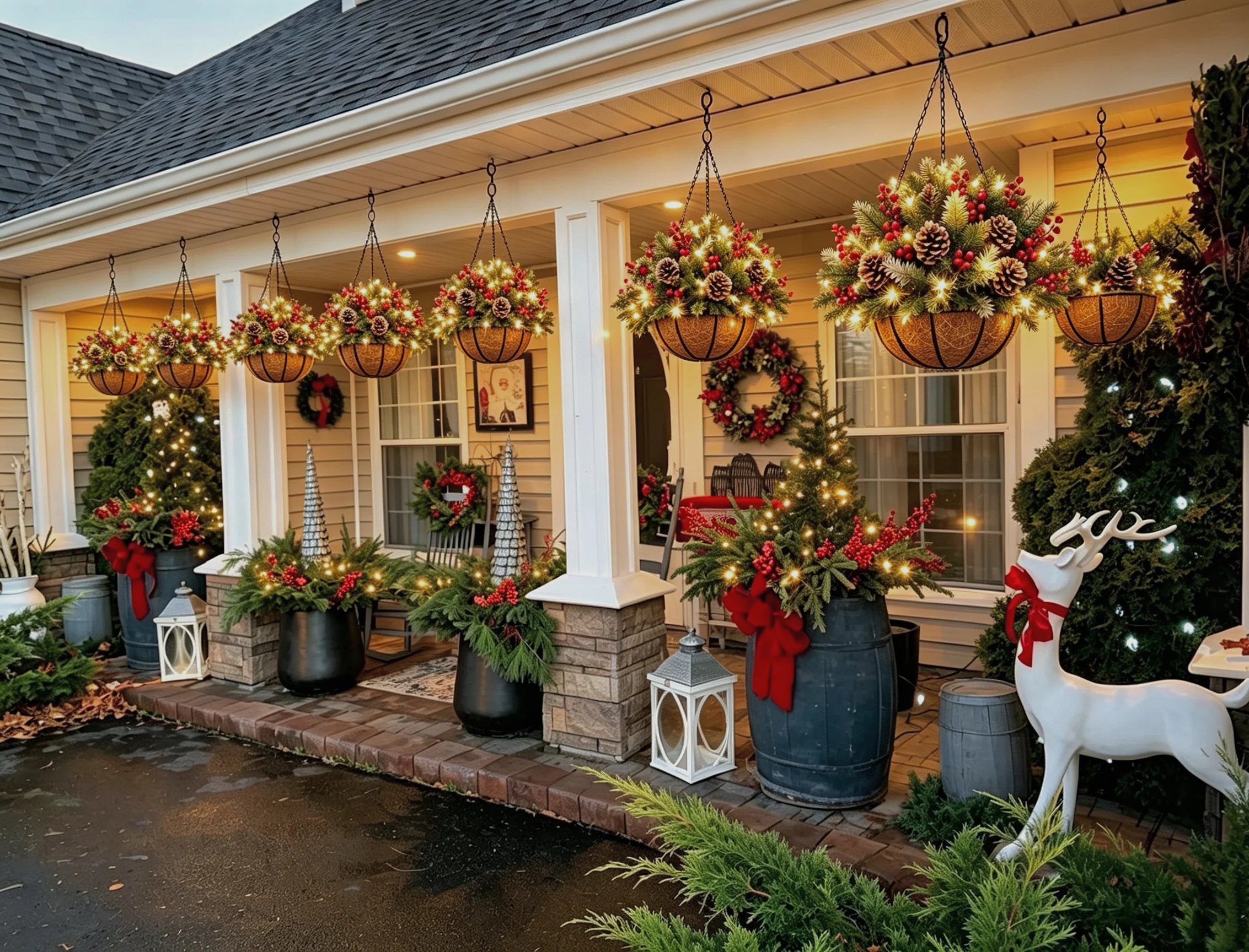 Multiple pre-lit Christmas hanging baskets across front porch