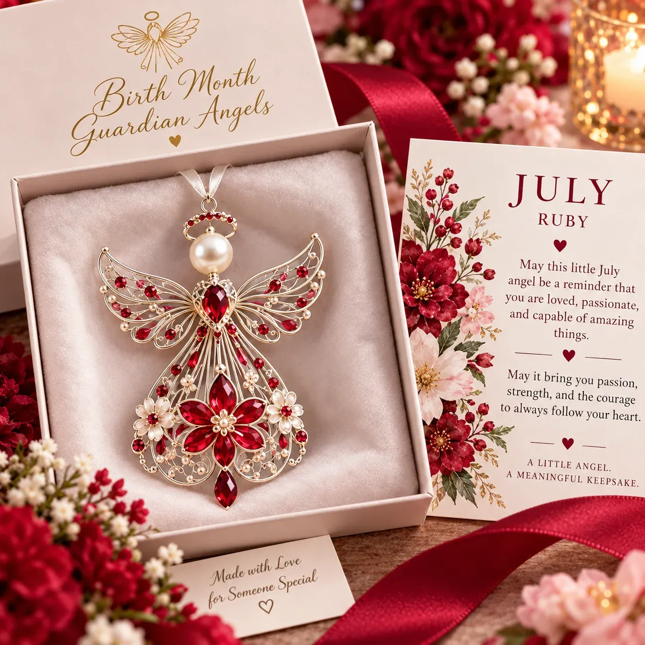 July guardian angel with ruby red-inspired accents