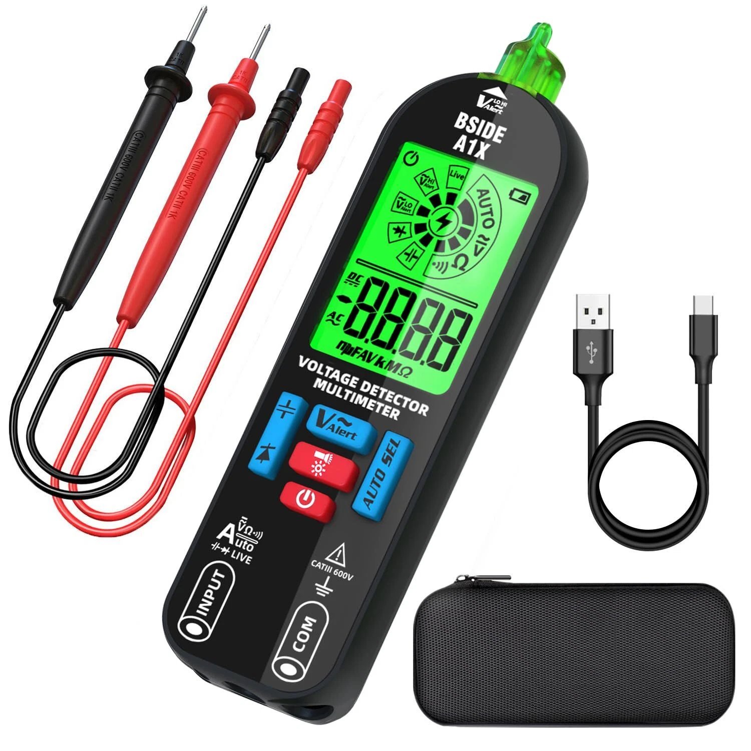 Smart pen multimeter kit with test leads, USB charging cable, and carrying case