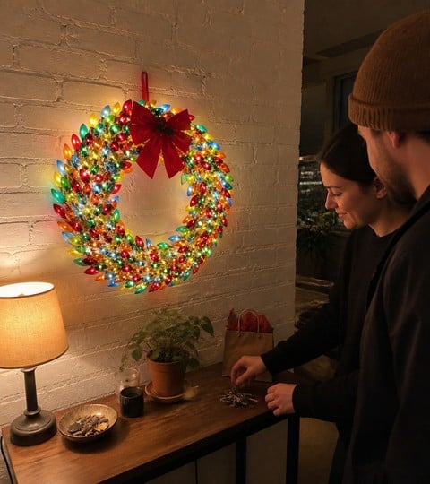 Lighted wreath on a small apartment entry wall at night