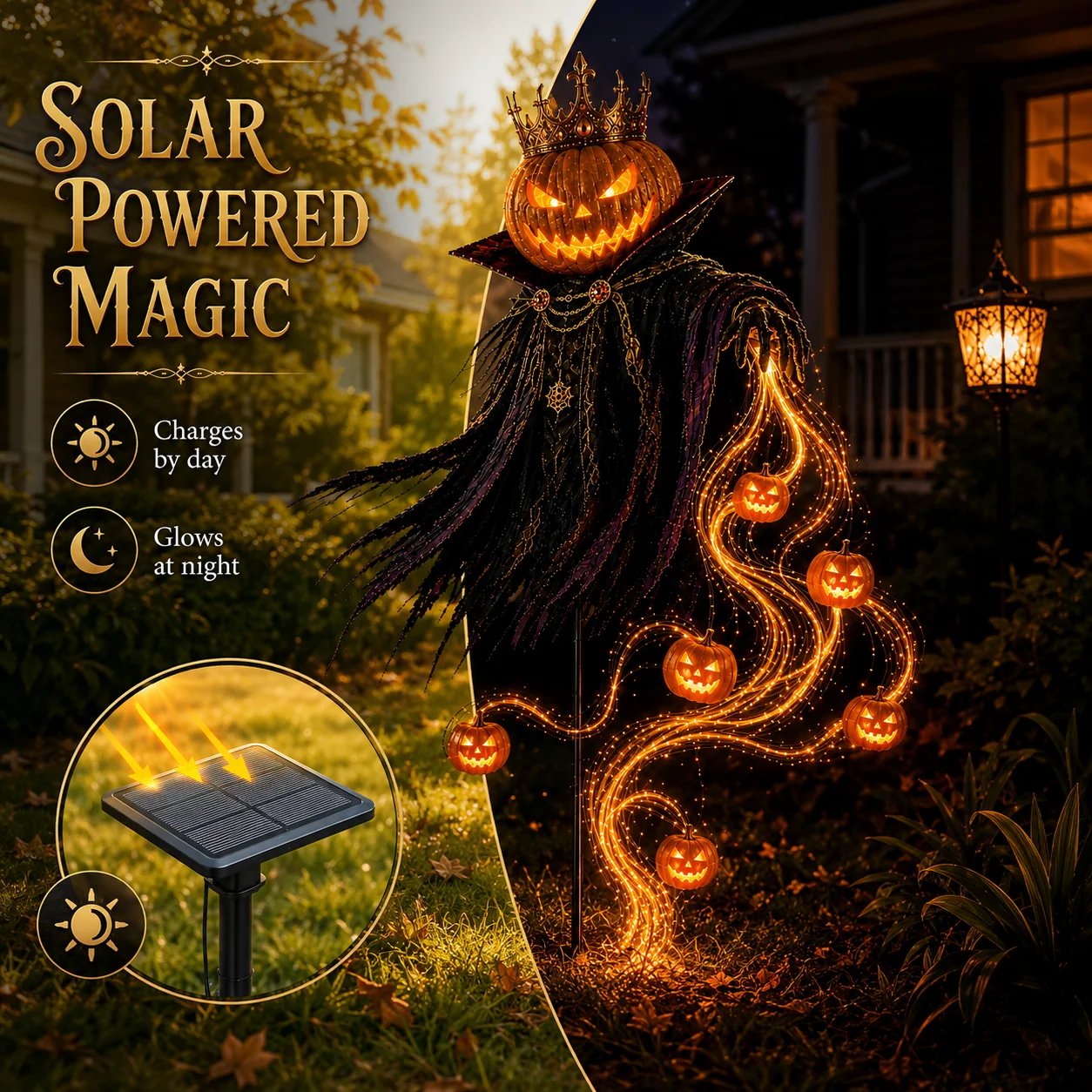 Solar panel charging Pumpkin King Halloween garden decoration by day