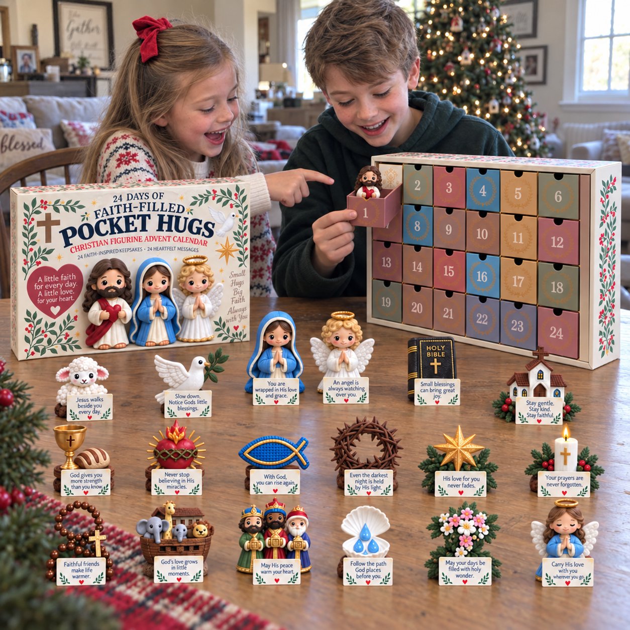 Customer photo of two children opening the Pocket Hugs calendar together