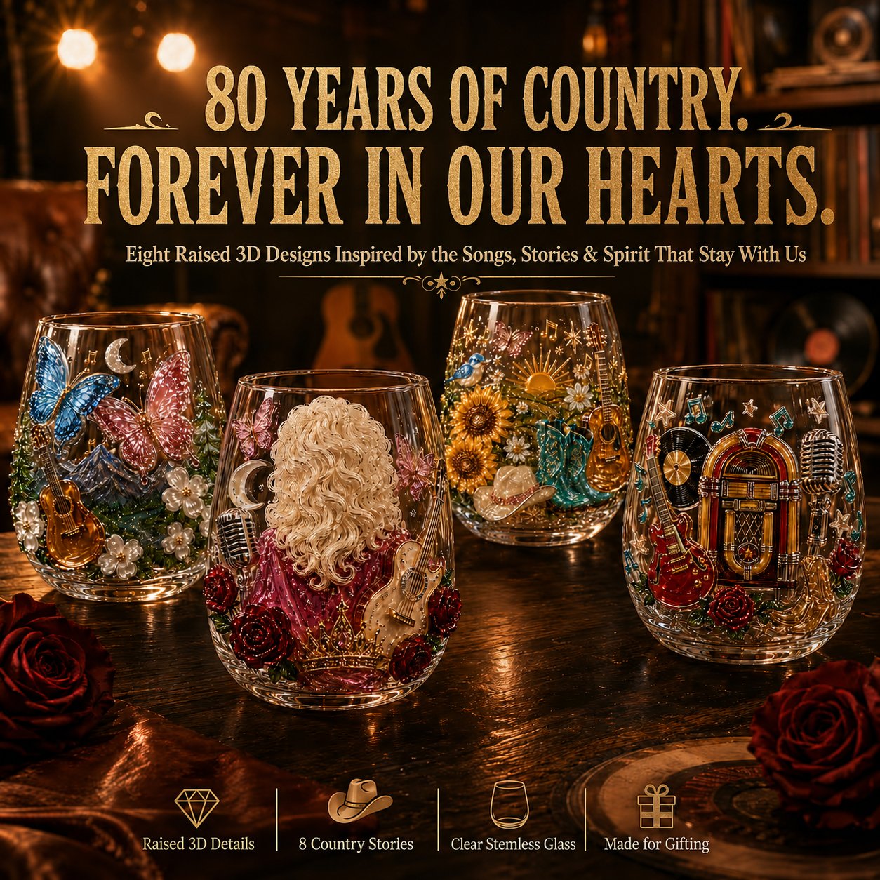 Eight raised 3D country glasses celebrating a lifetime of country music