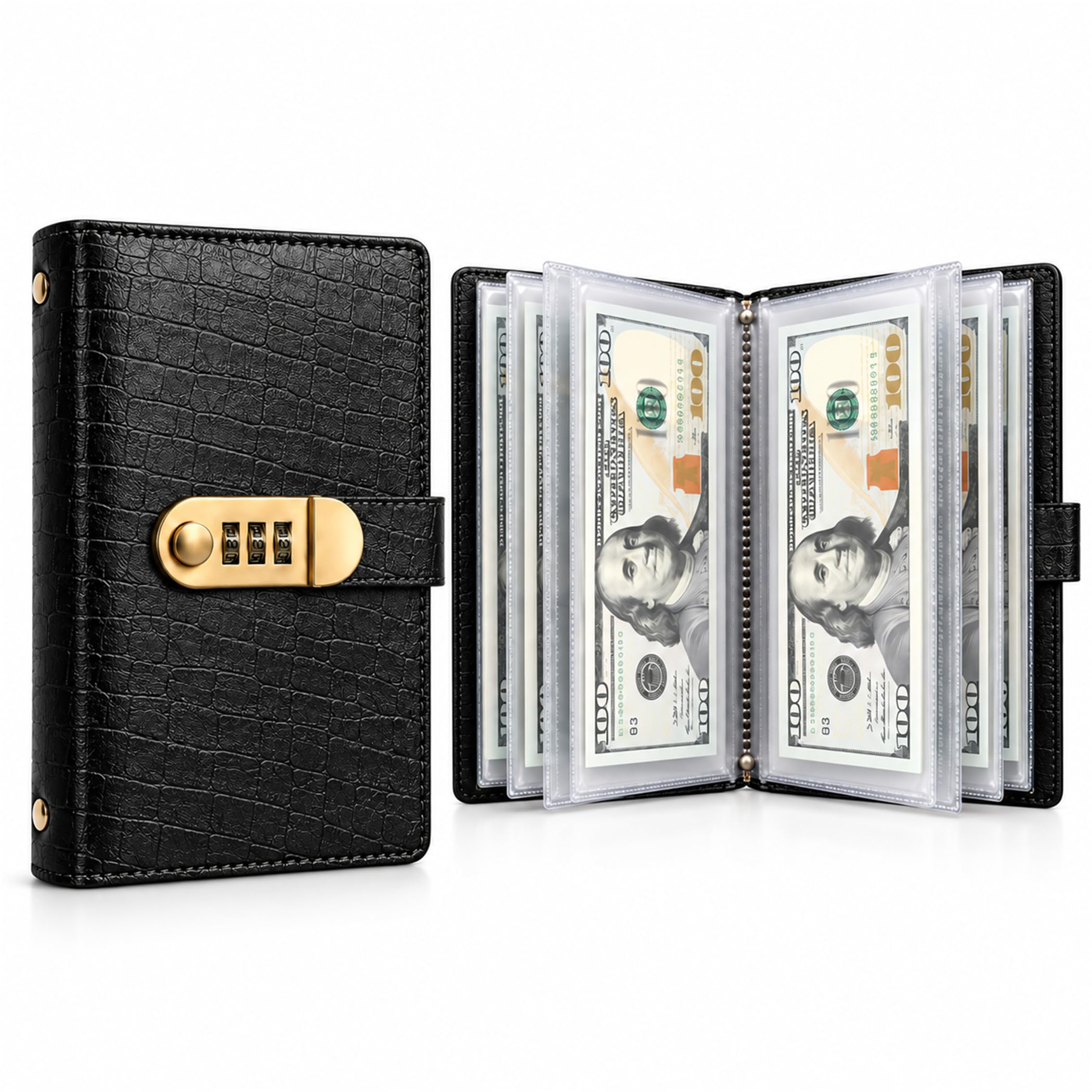 Black textured lockable cash savings organizer with clear sleeves