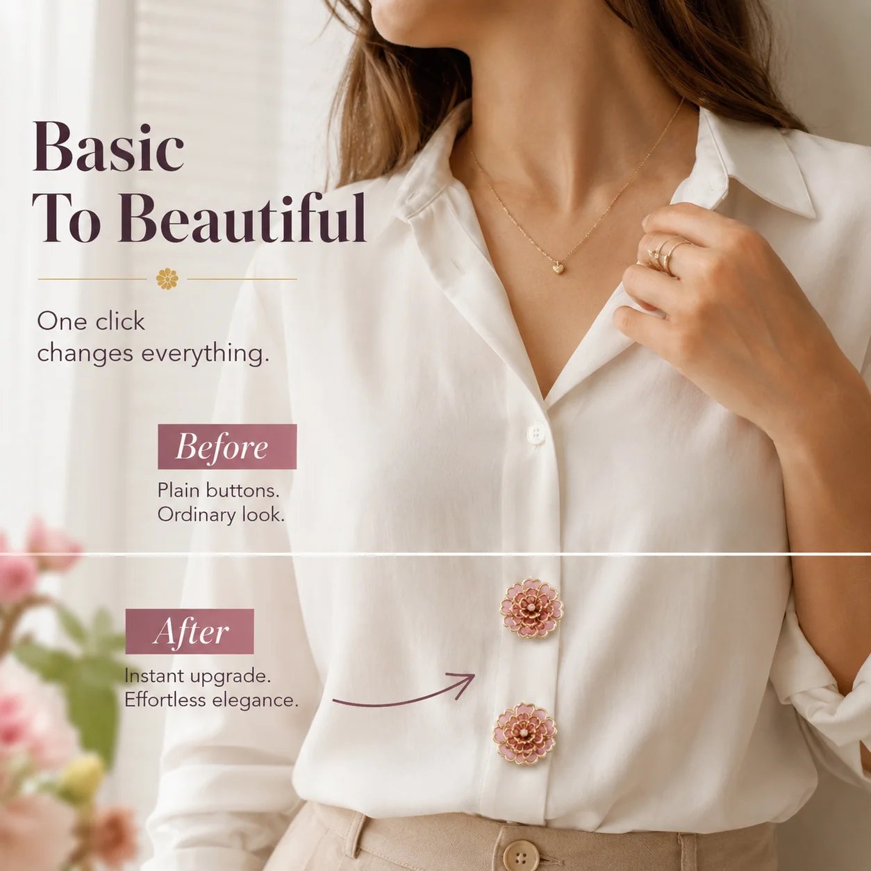 Flower button covers styled with women