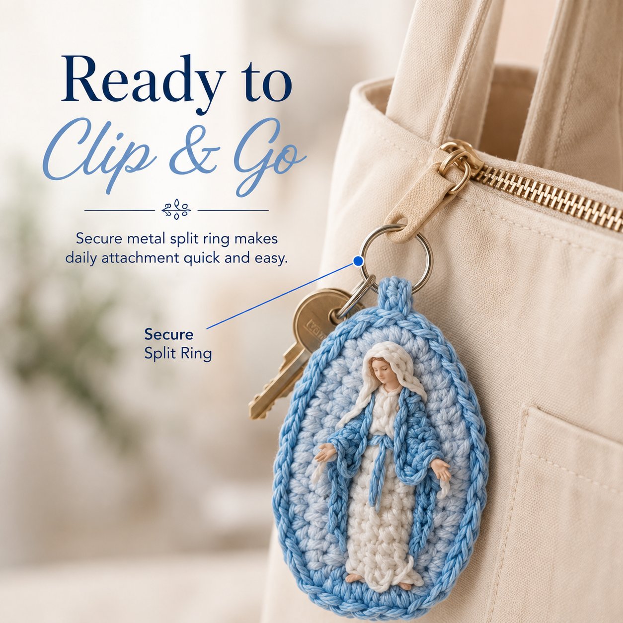 Marian crochet keepsake with attached metal split ring