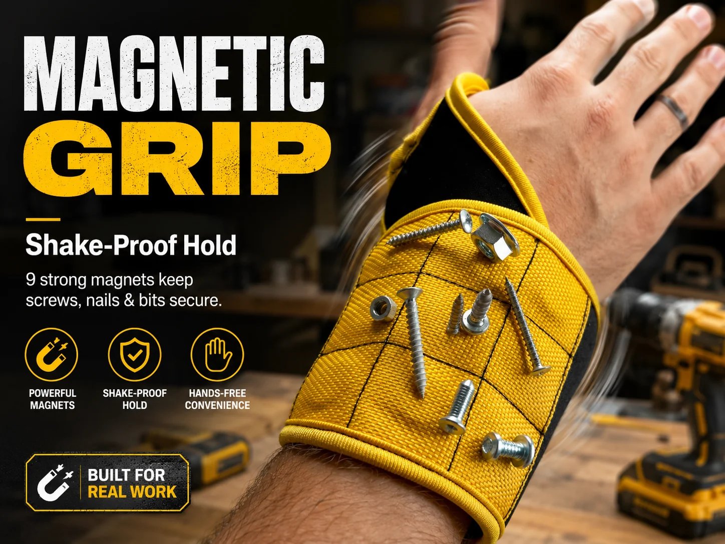Magnetic wristband securely holding screws, nails and drill bits