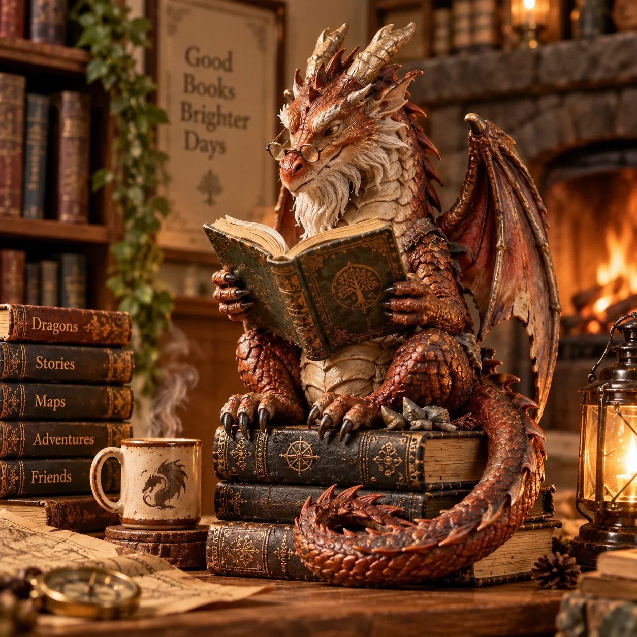 Wandering Scholar Dragon reading figurine