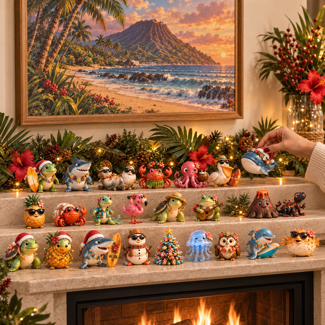Complete Hawaiian Odd Friends collection displayed across a fireplace mantel