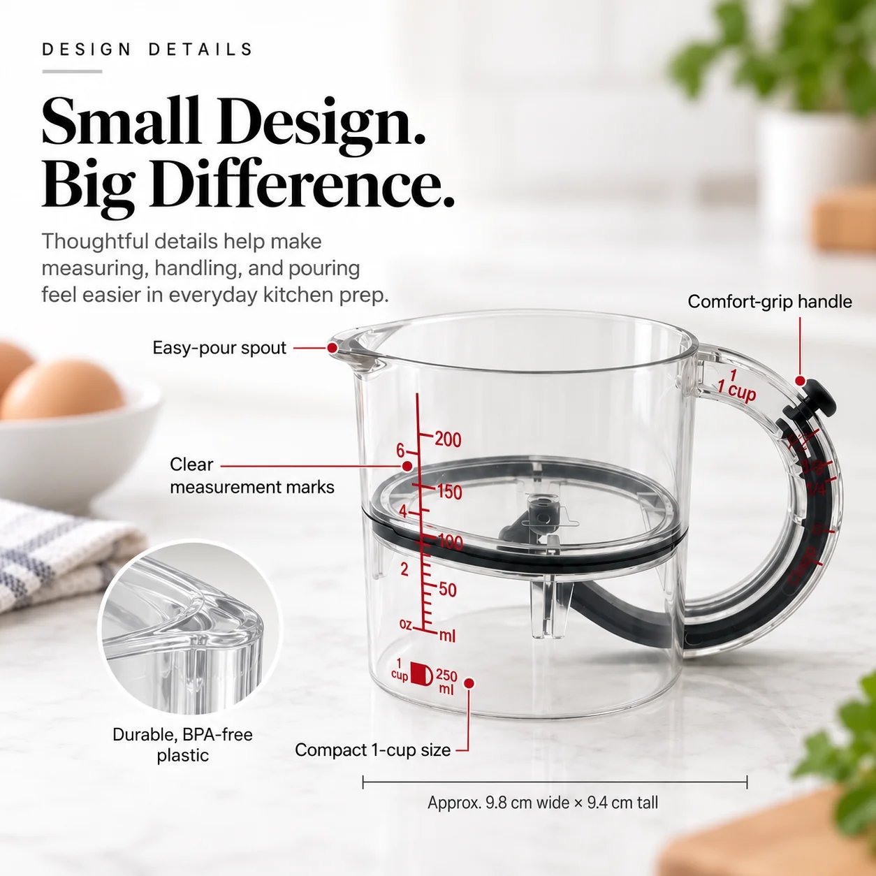 MeasureMate measuring cup design details easy pour spout markings handle and dimensions