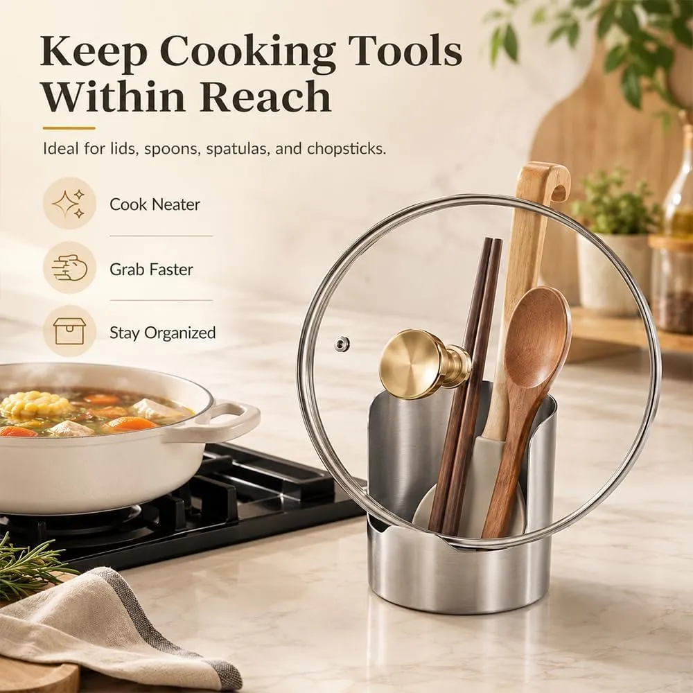 Kitchen countertop utensil holder keeping pot lid spoons and chopsticks within reach