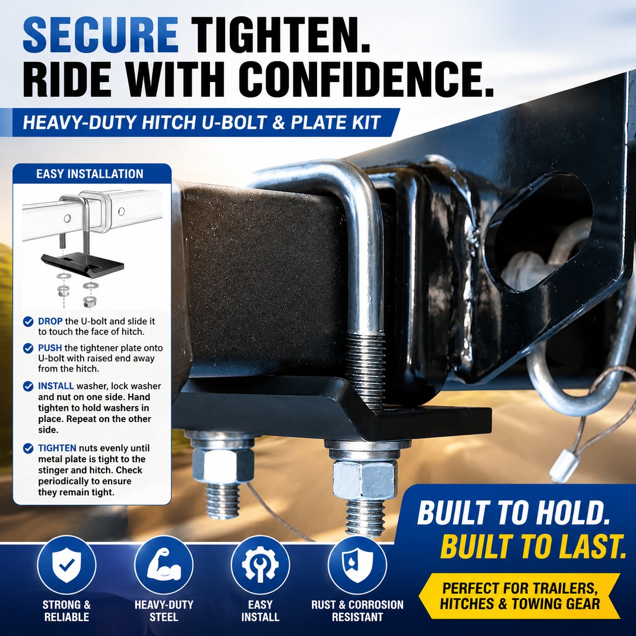 Step-by-step installation of a trailer hitch U-bolt stabilizer