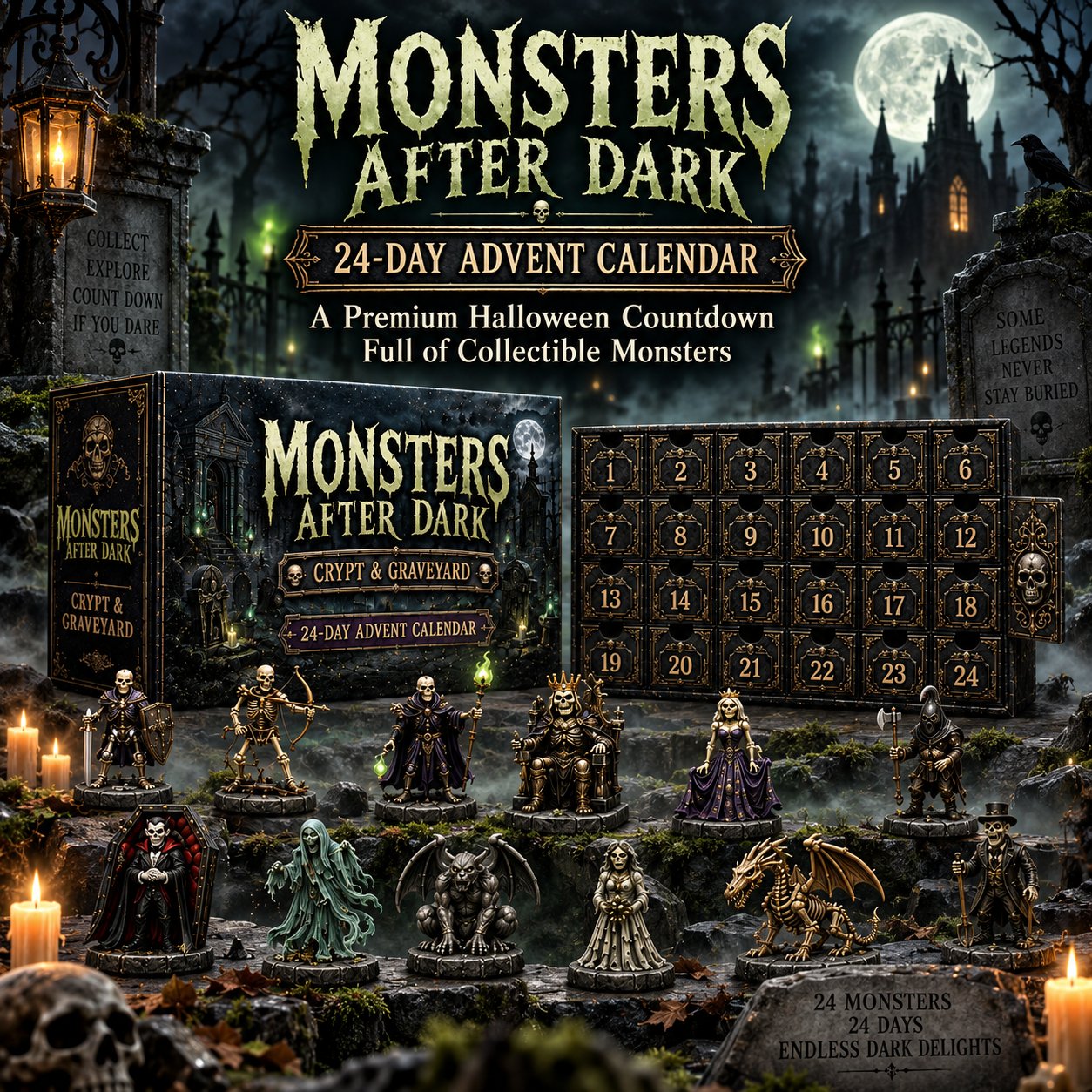 Monsters After Dark advent calendar with a numbered box and gothic monster figures