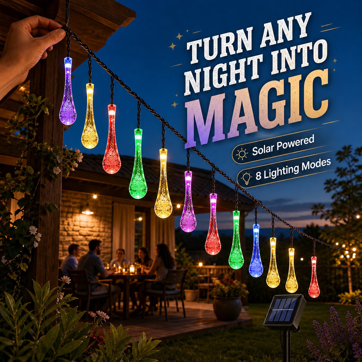 Multicolor solar teardrop lights transforming a backyard patio at dusk