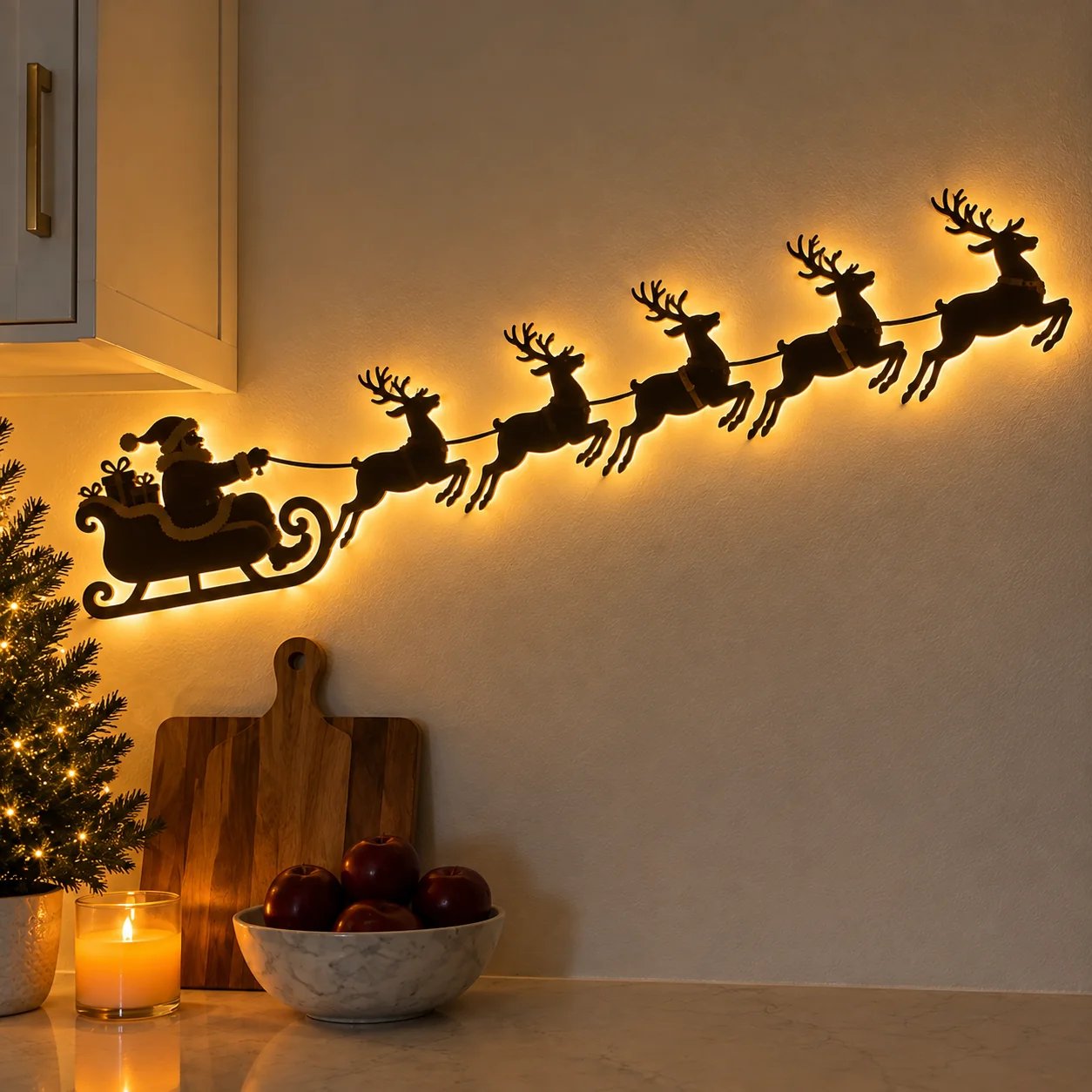 Santa sleigh and reindeer warm LED Christmas wall decor