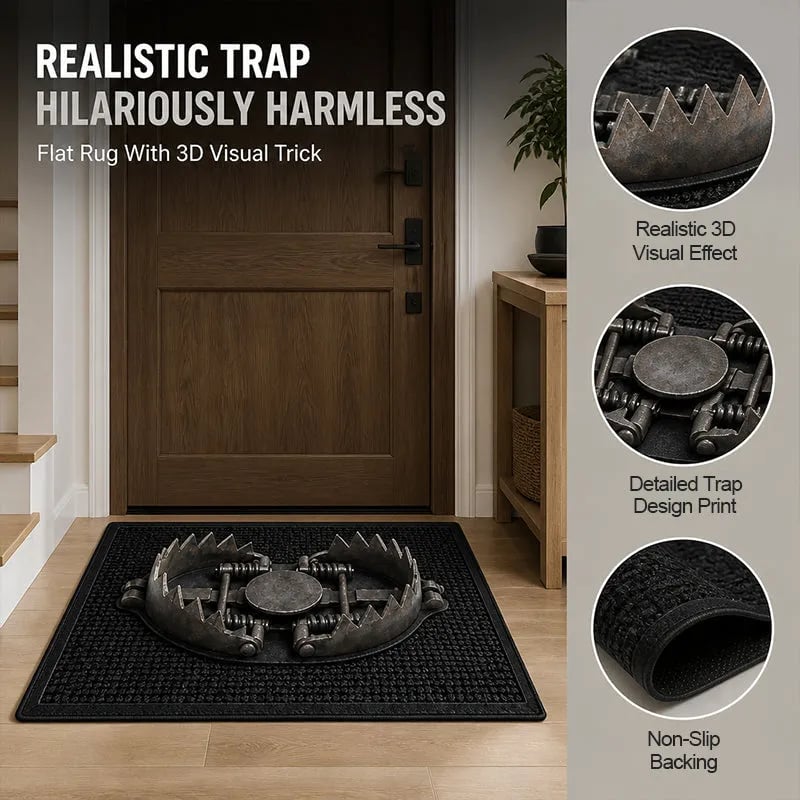 Realistic 3D bear trap doormat details and non-slip backing