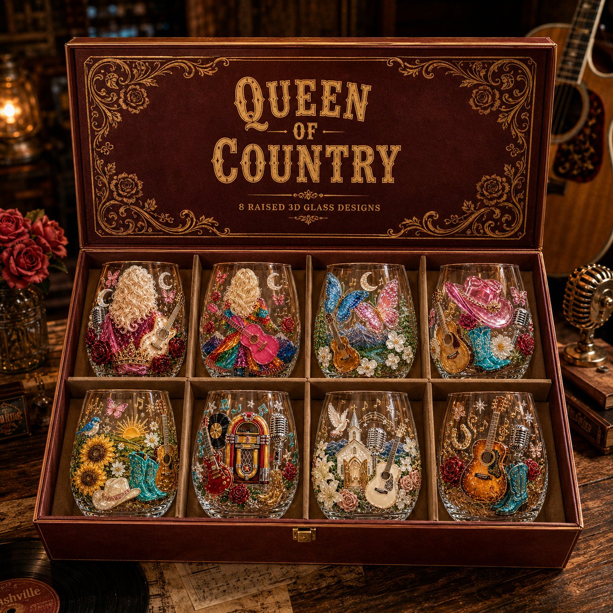 Eight Queen of Country glasses presented in a collector-style case