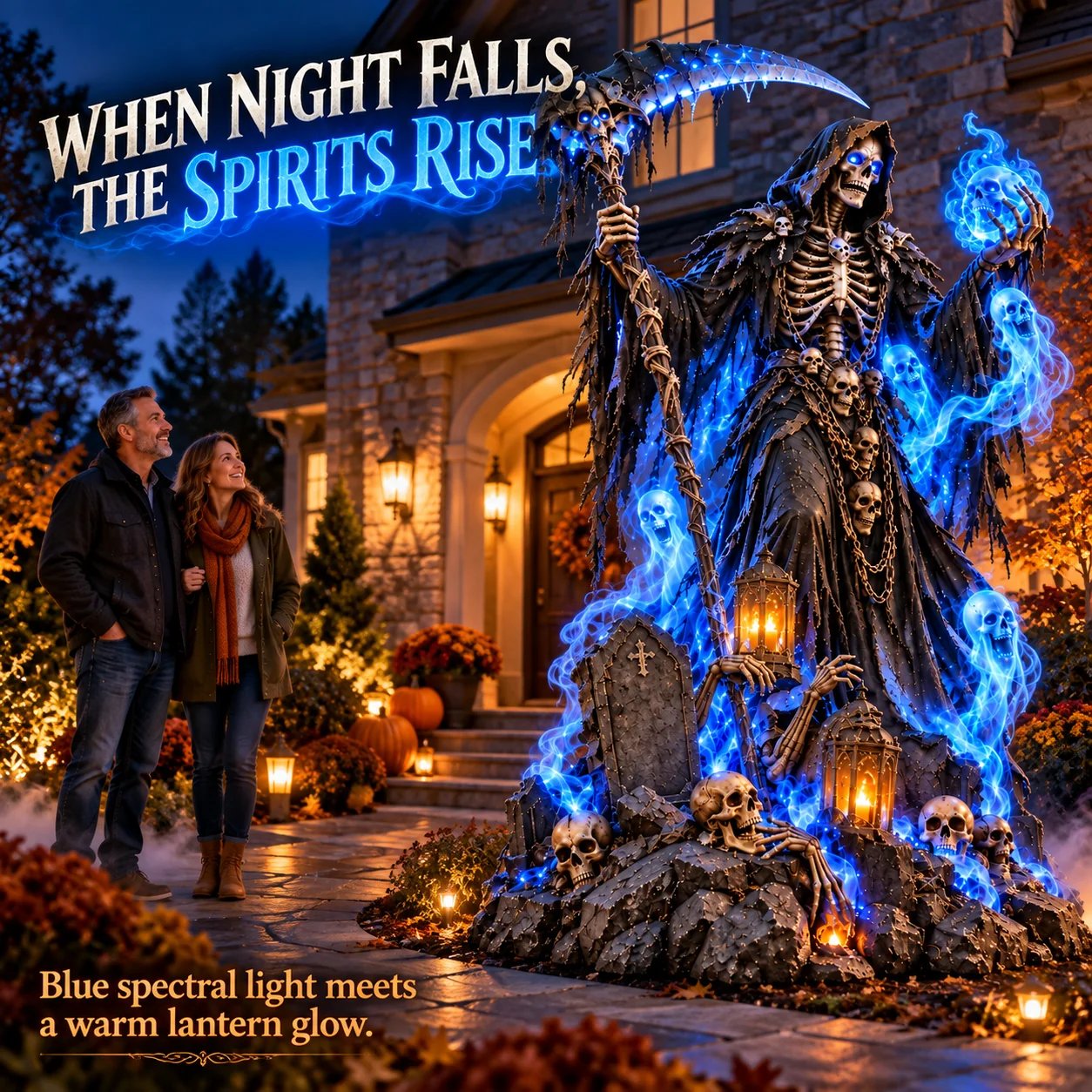 Close view of the reaper and blue spirits