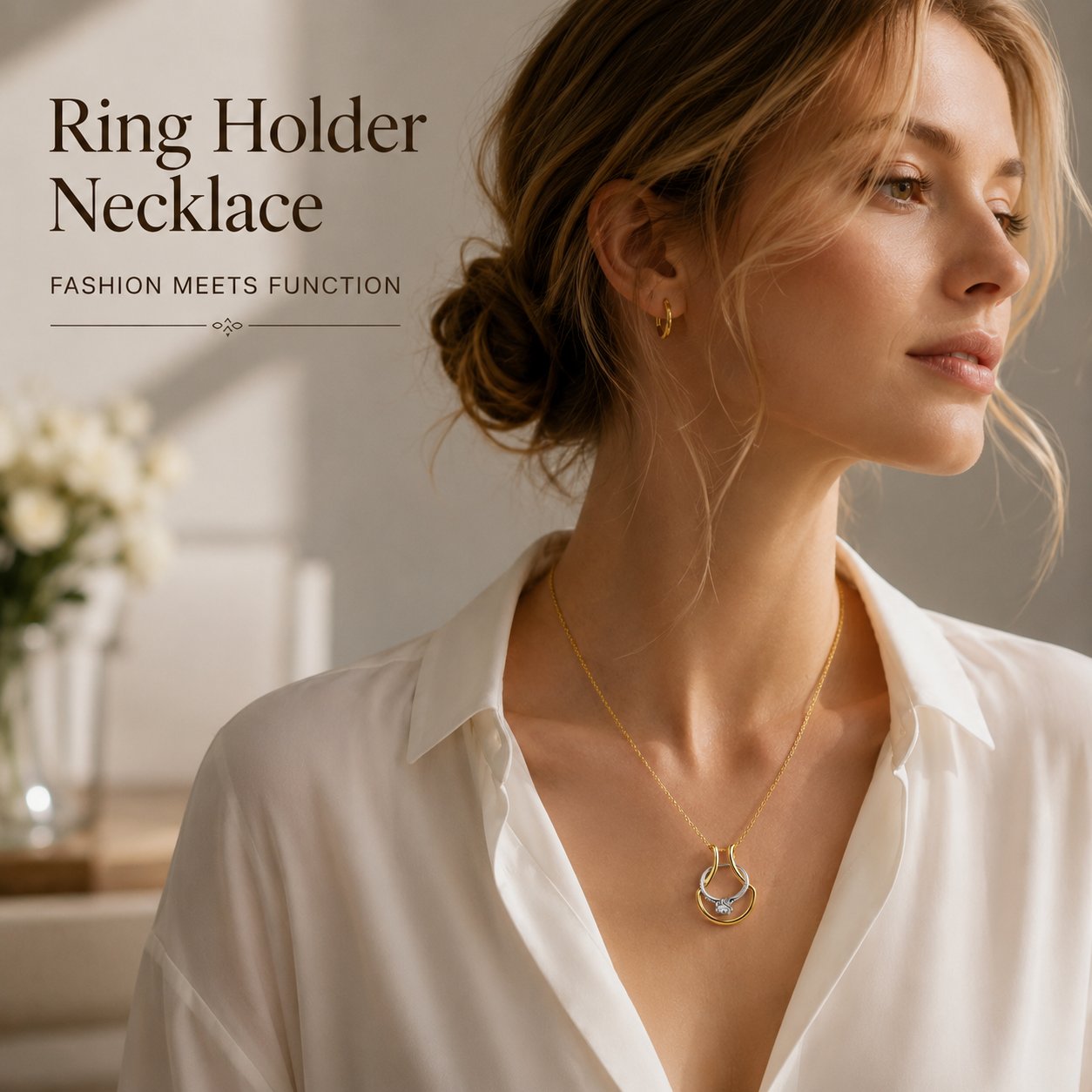 Woman wearing a ring holder necklace with a ring secured in the pendant