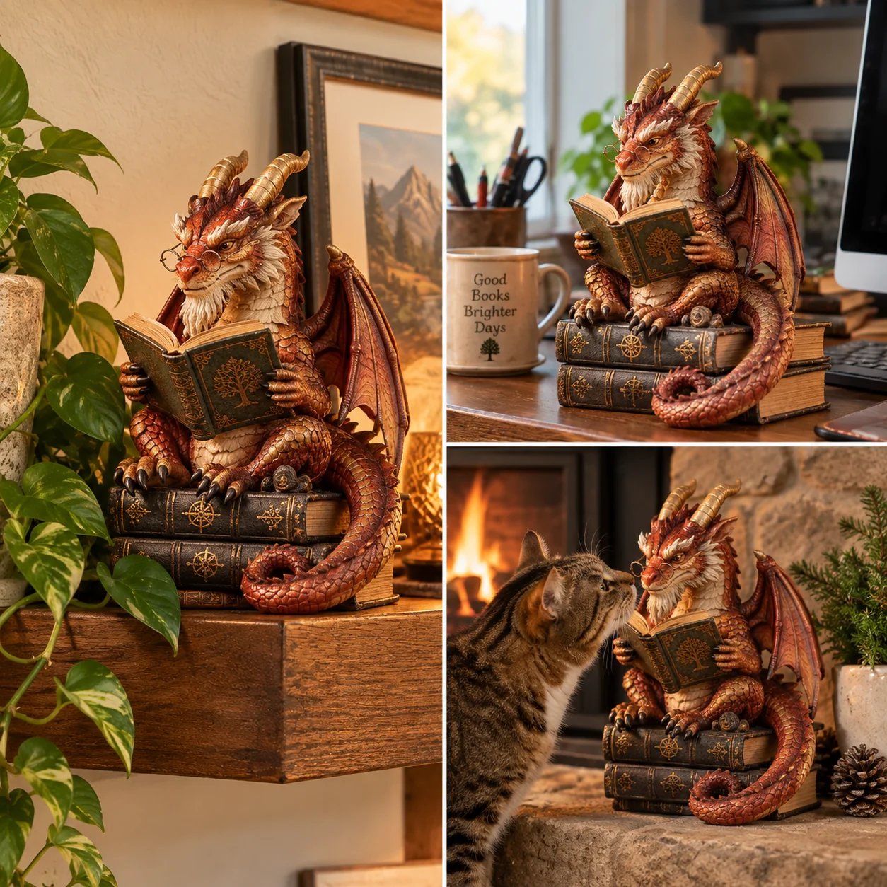 Scholar dragon on shelves desk and mantel