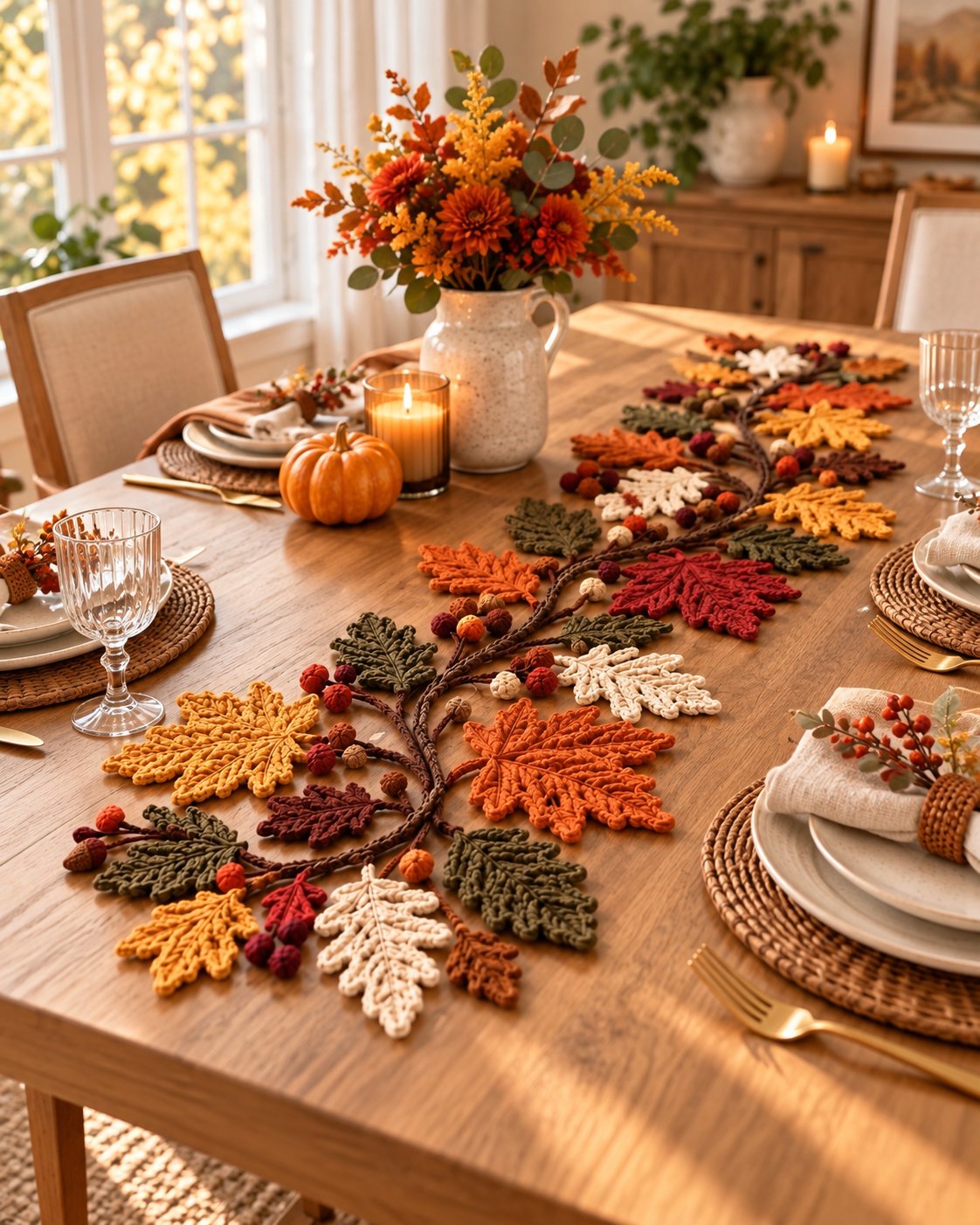 Crocheted autumn leaf table runner running down a wooden dining table set for fall