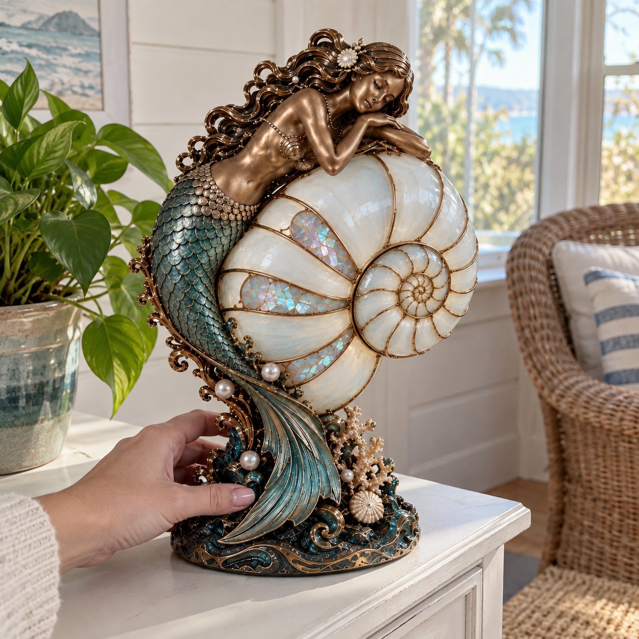 Mermaid’s Dream lamp shown in daylight with teal tail, shell, and pearl details