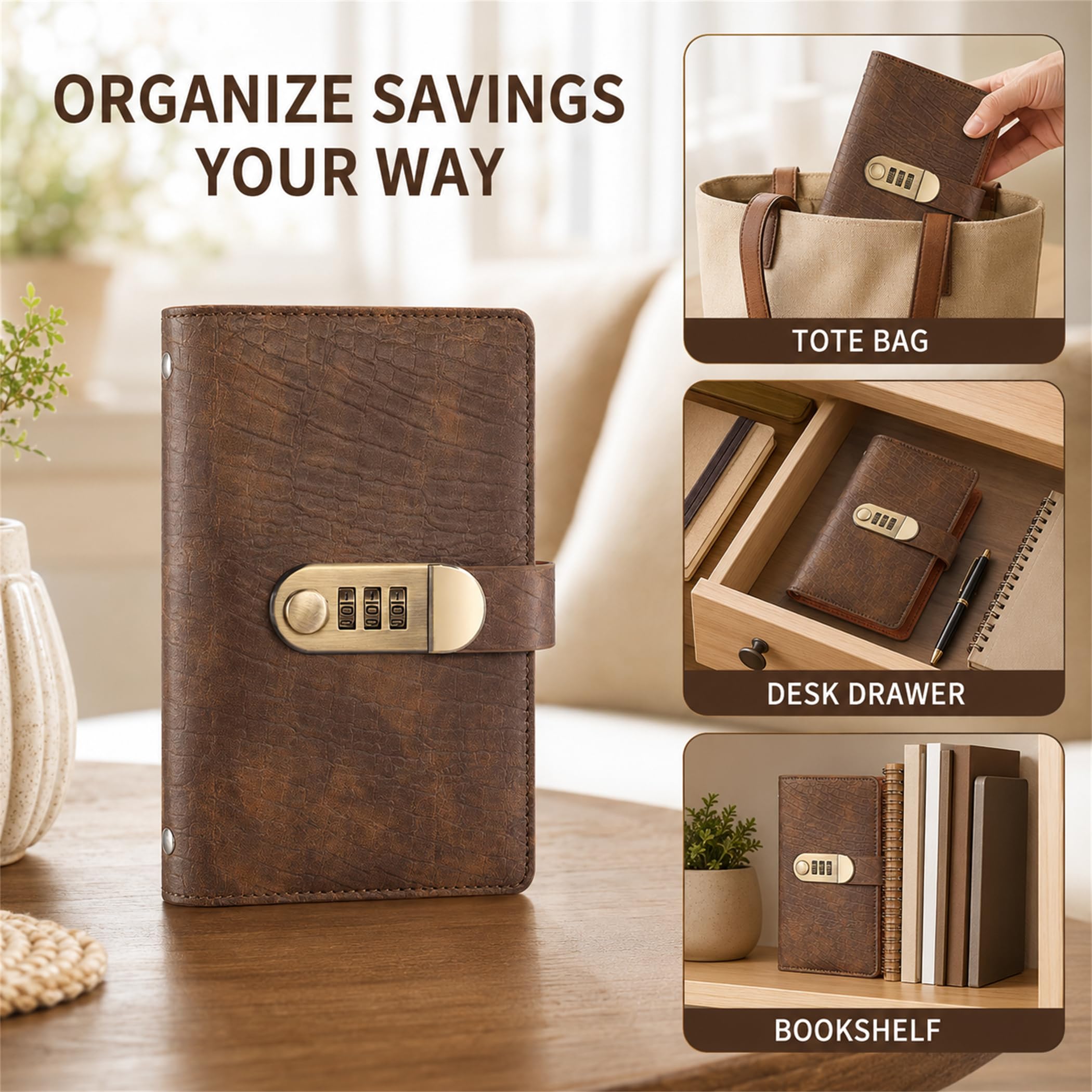 Portable savings storage for bag, drawer or bookshelf Portable lockable savings organizer stored in a tote bag, desk drawer and bookshelf