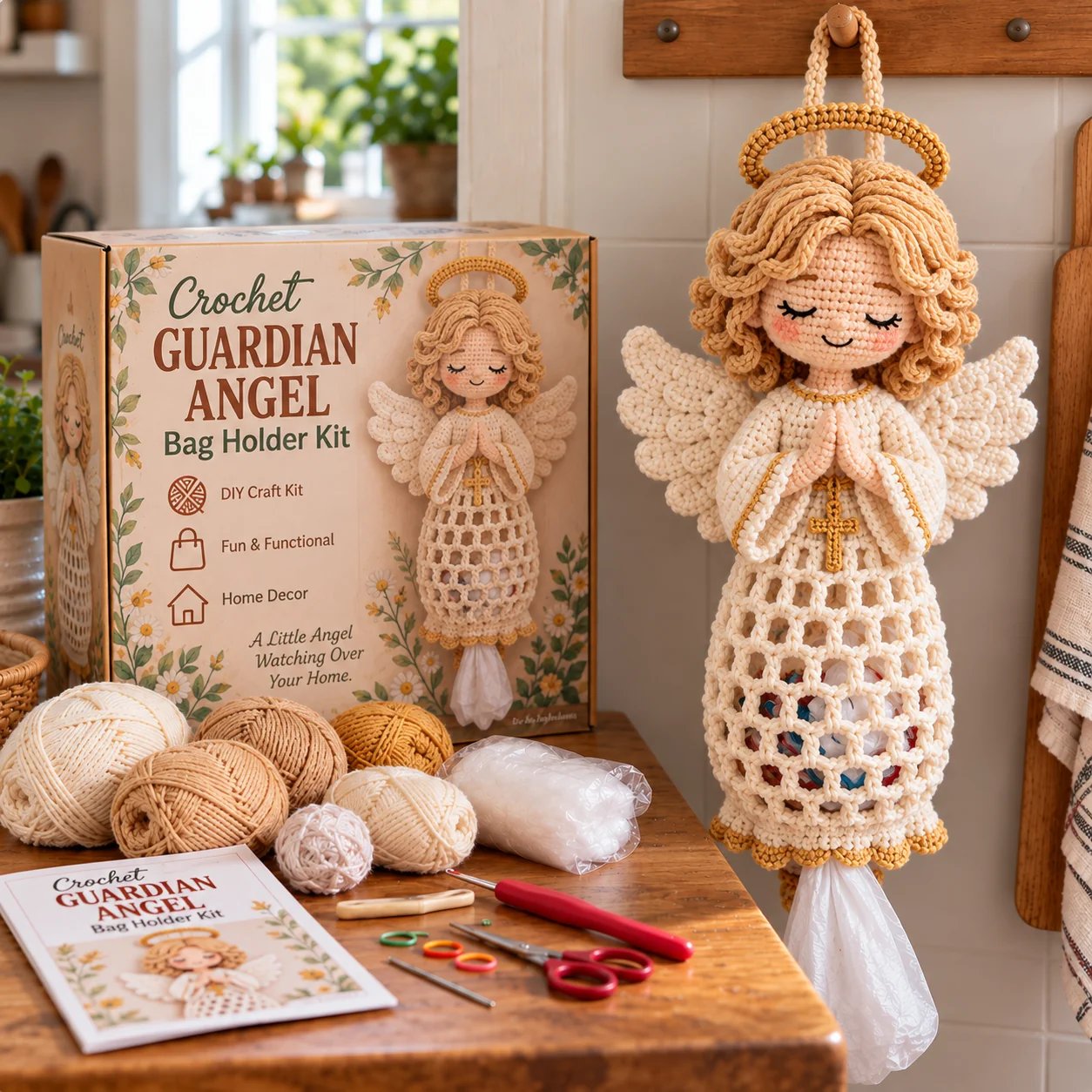 Guardian Angel crochet bag holder kit and completed character with wings and golden curls