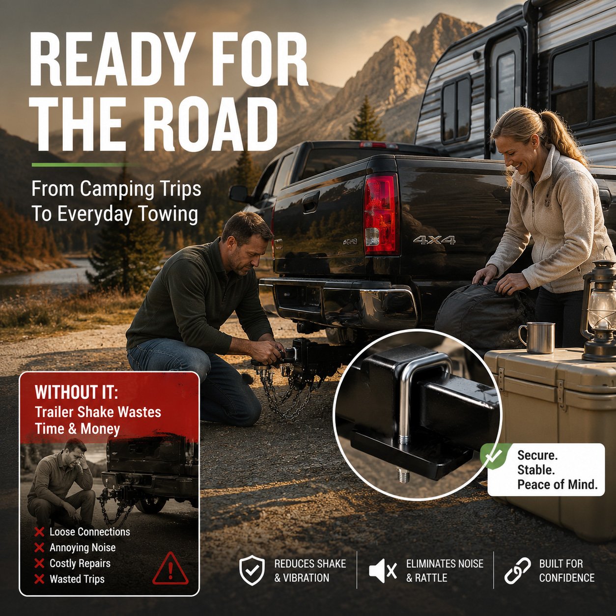Heavy-duty coated metal trailer hitch stabilizer for road travel