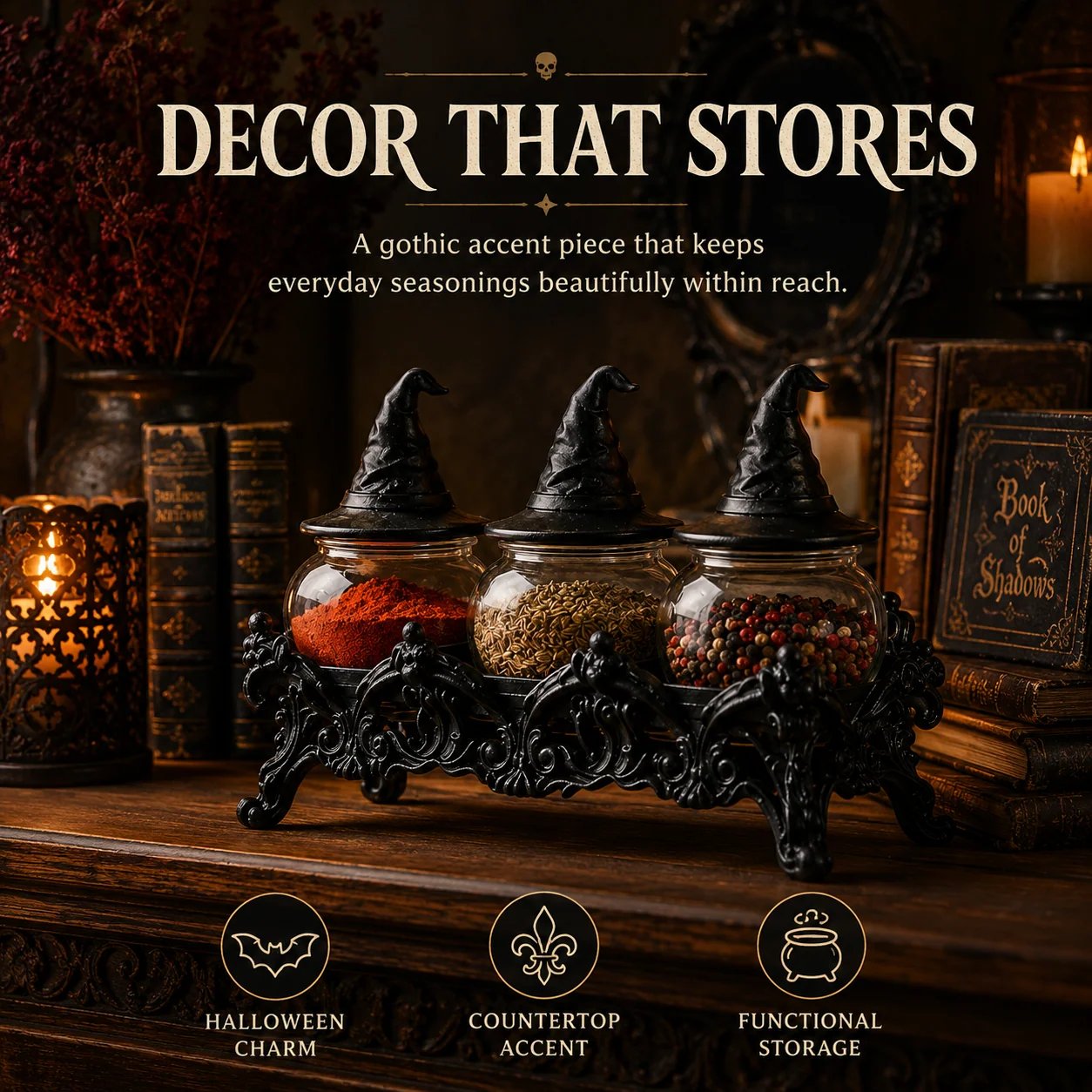 Witch-hat spice jar set styled on a gothic kitchen counter