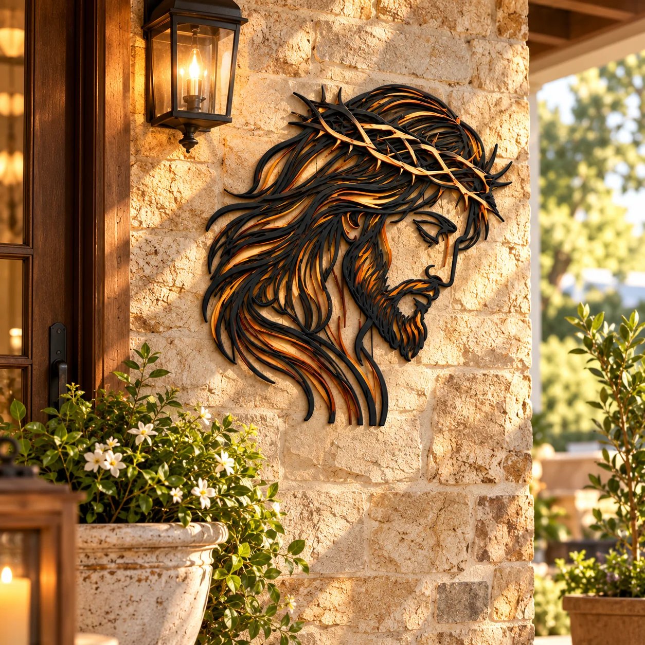 Jesus metal wall art on covered porch