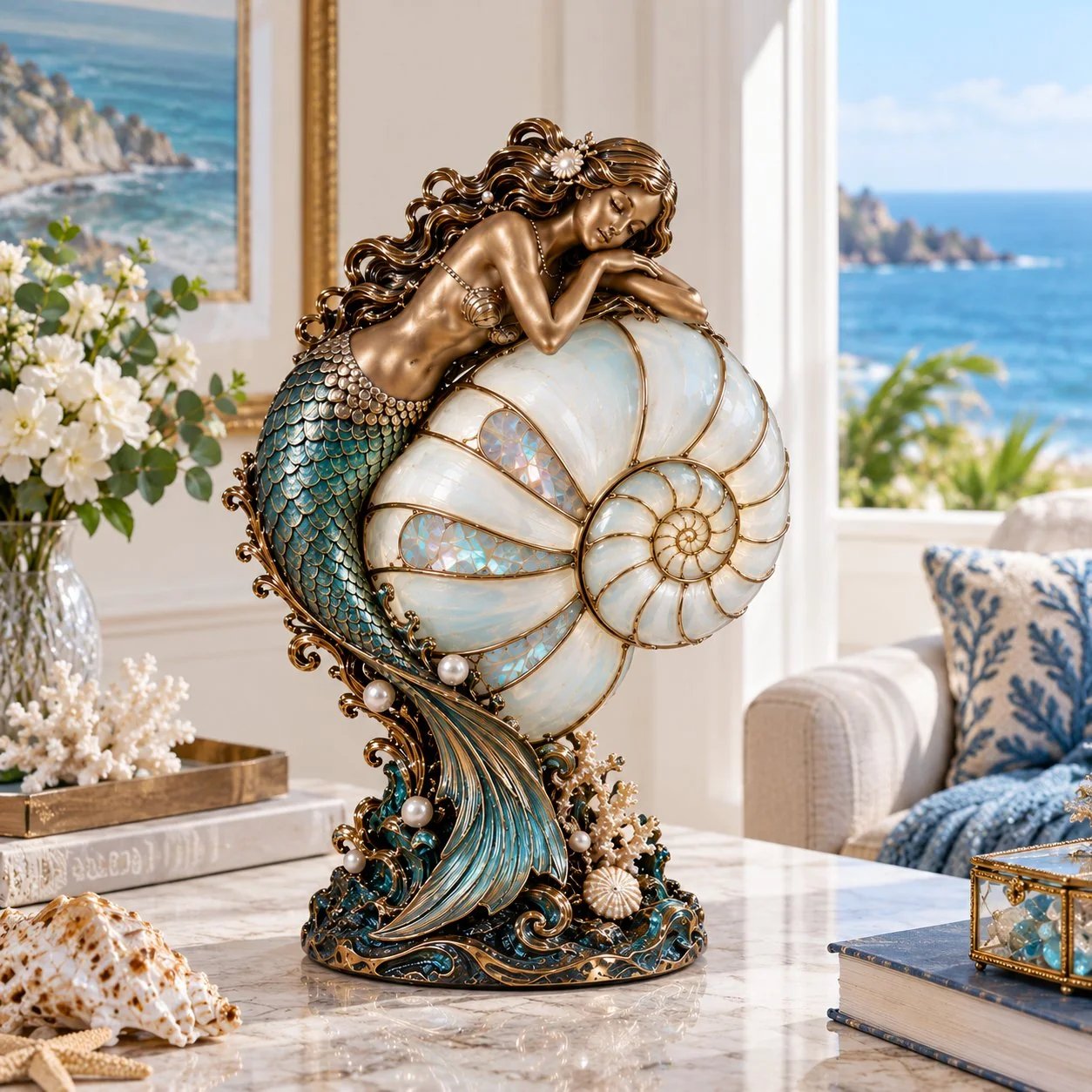 Mermaid’s Dream: a mermaid leaning over a round, pearlescent nautilus shell