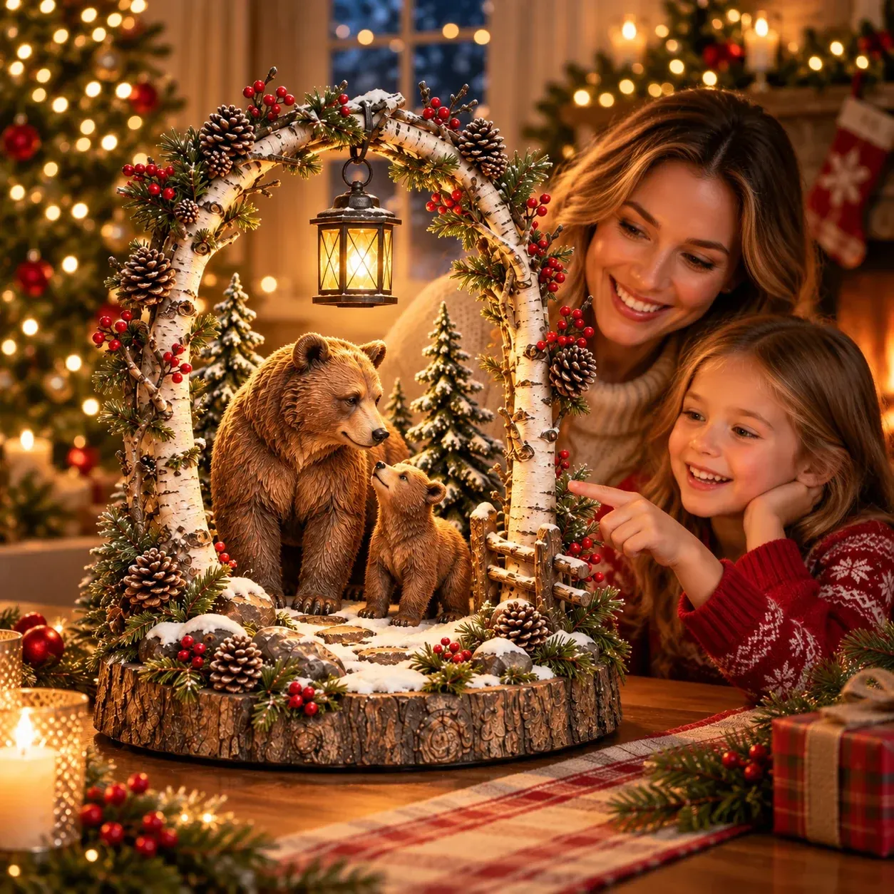 Mother and child looking at Woodland Bear Family Lantern