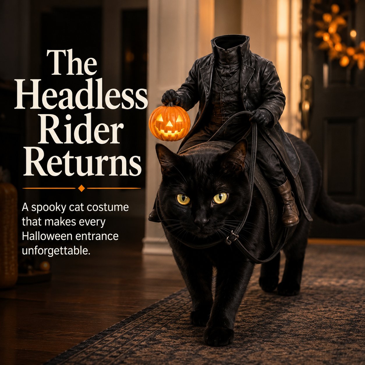 Black cat wearing a headless rider Halloween costume in a home entryway