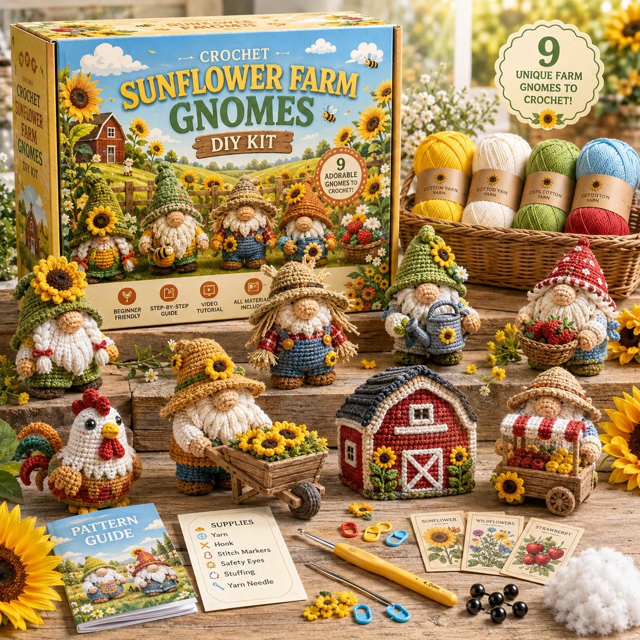 Sunflower Farm Gnomes complete crochet kit