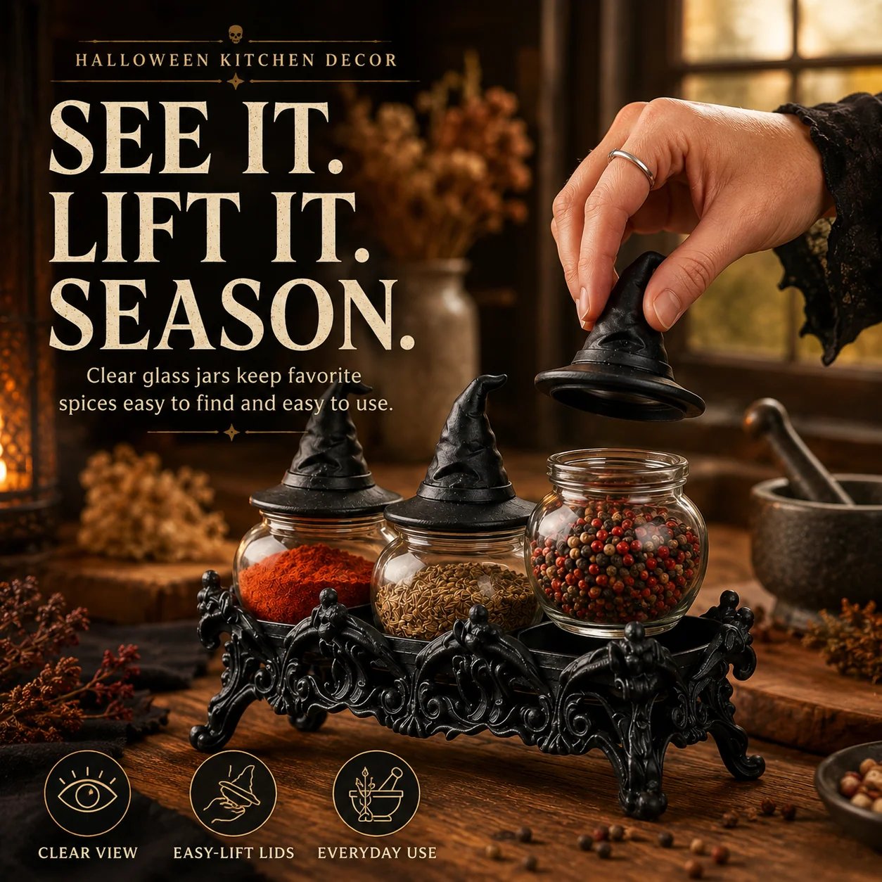 Hand lifting witch-hat lid from glass spice jar