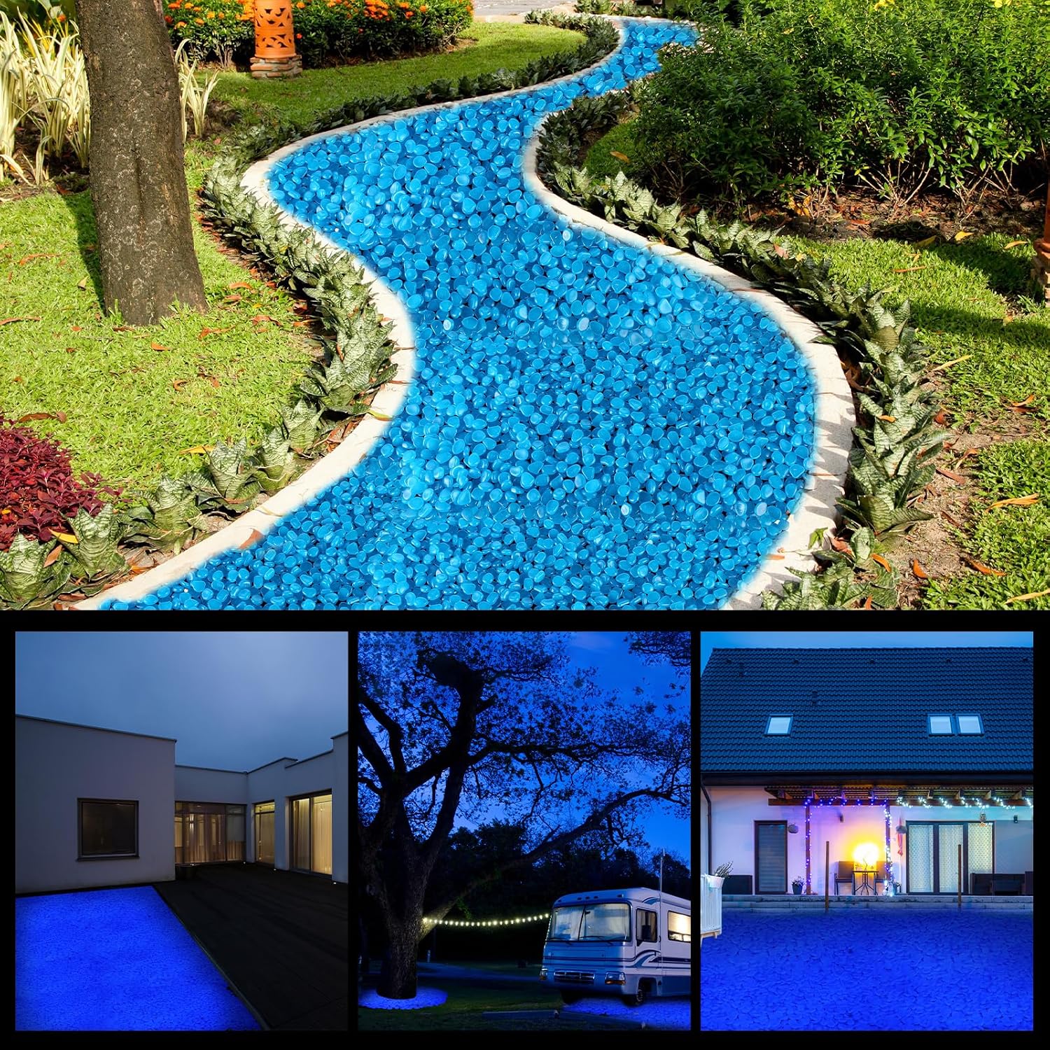 Day and night landscaping ideas with blue glow pebbles
