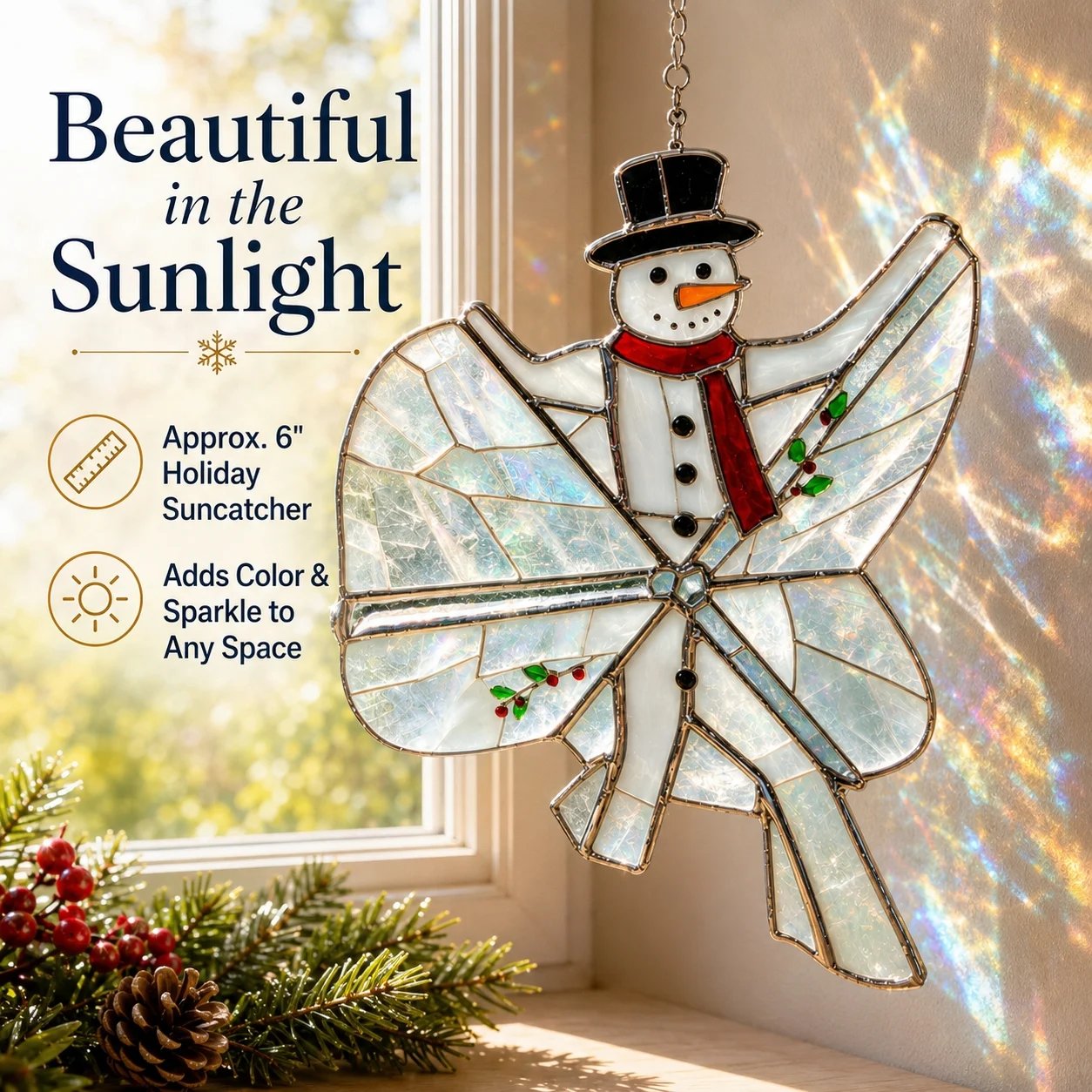 Iridescent snowman suncatcher reflecting color in natural sunlight