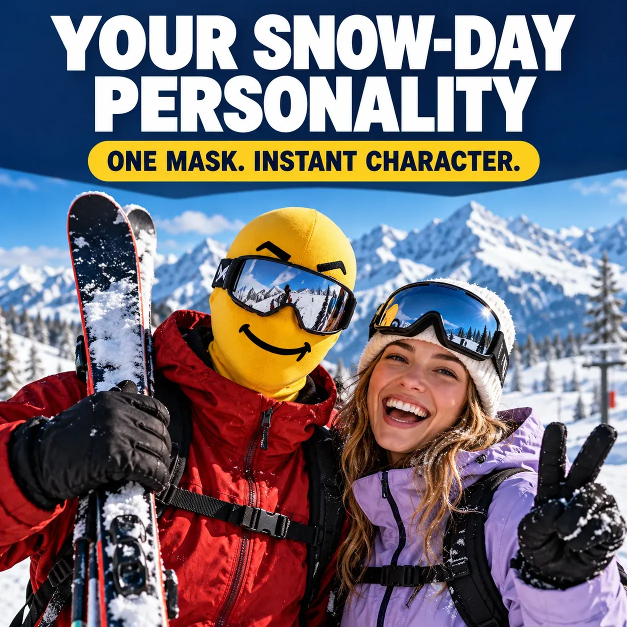 Smile expression yellow ski mask on a snowy mountain