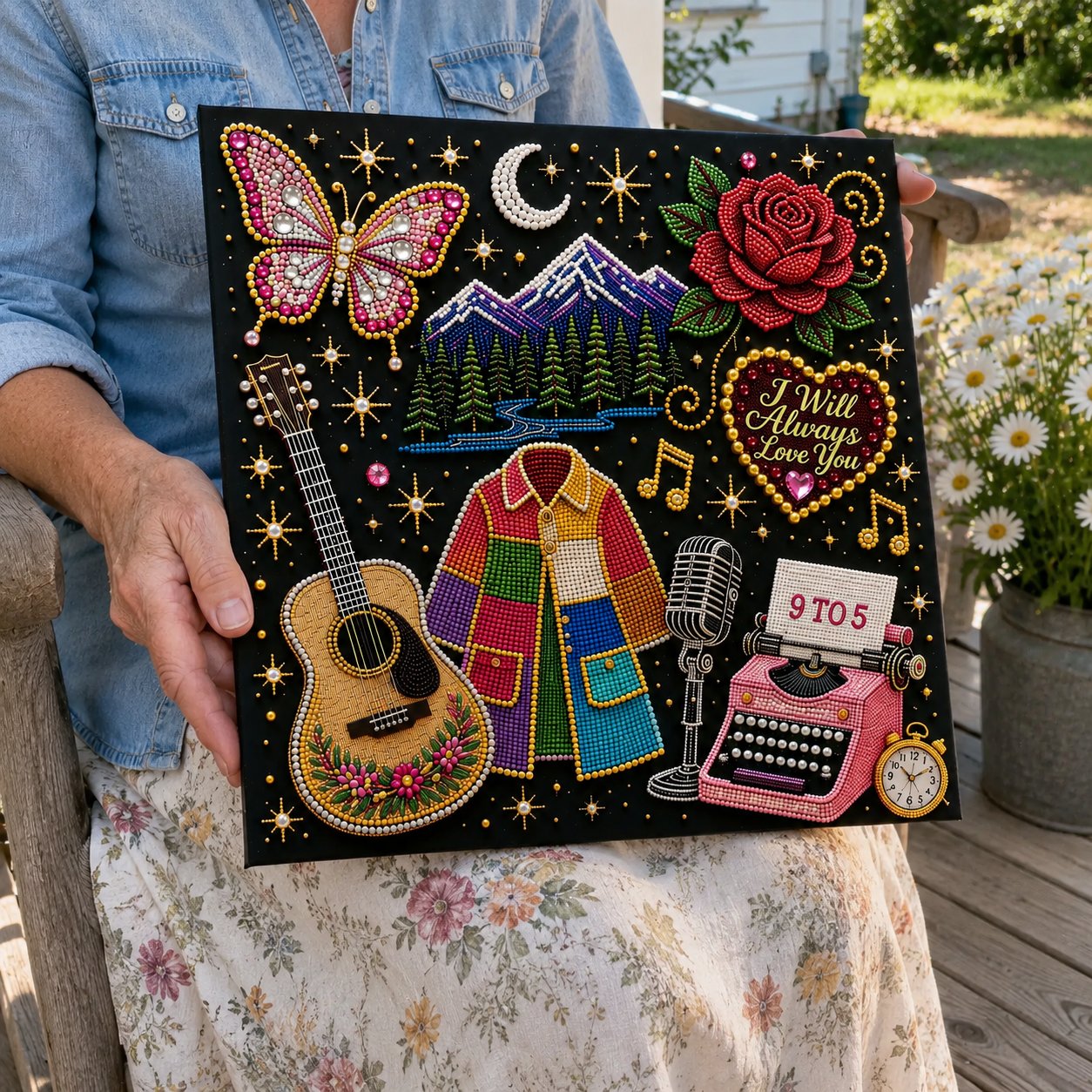 Woman holding finished country music bead art outdoors